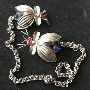 RARE Vintage ANTIQUE Fur Clip Brooch Pin Art Deco Bug Fly Rhinestone chatelaine